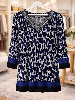 JM Collection Blue Abstract Print Embellished V Neck Top M